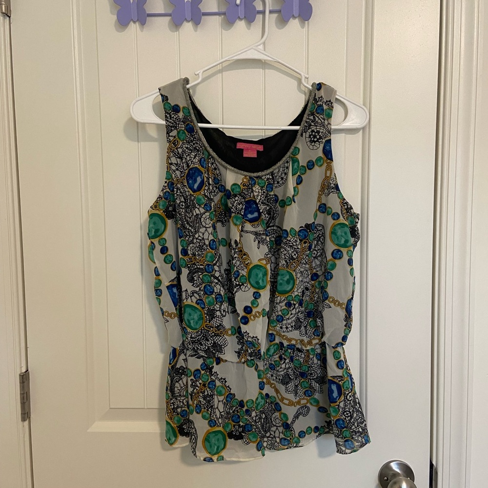 Sunny Leigh women’s multicolor patterned‎ bead neck loose tank blouse medium